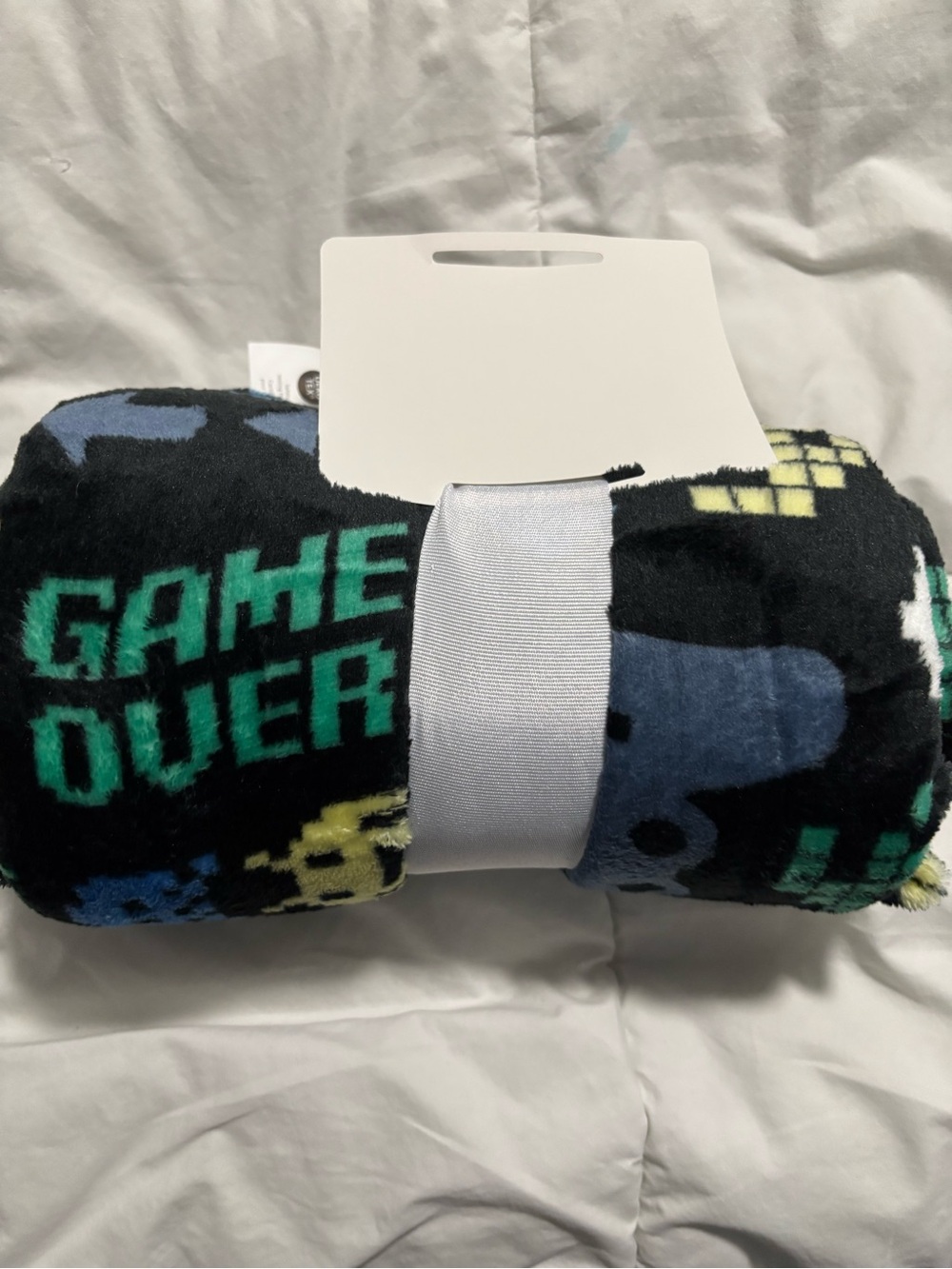 Soft Game Over Gaming Plush Throw Blanket - Black, Teal, Blue and Yellow